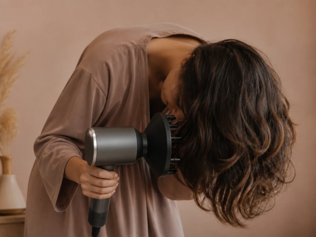 Fine hair being diffused with the head tipped forward