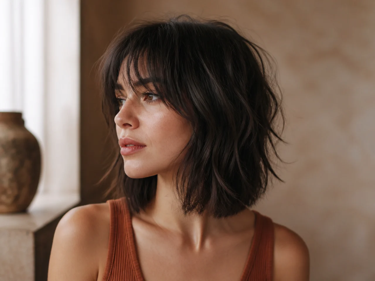 A blunt cut perimeter on a fine haired shag