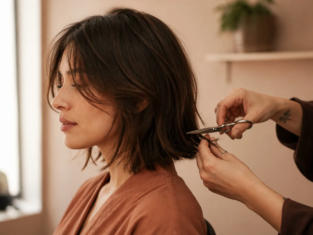 Fine hair being cut dry so the layers fall where they land