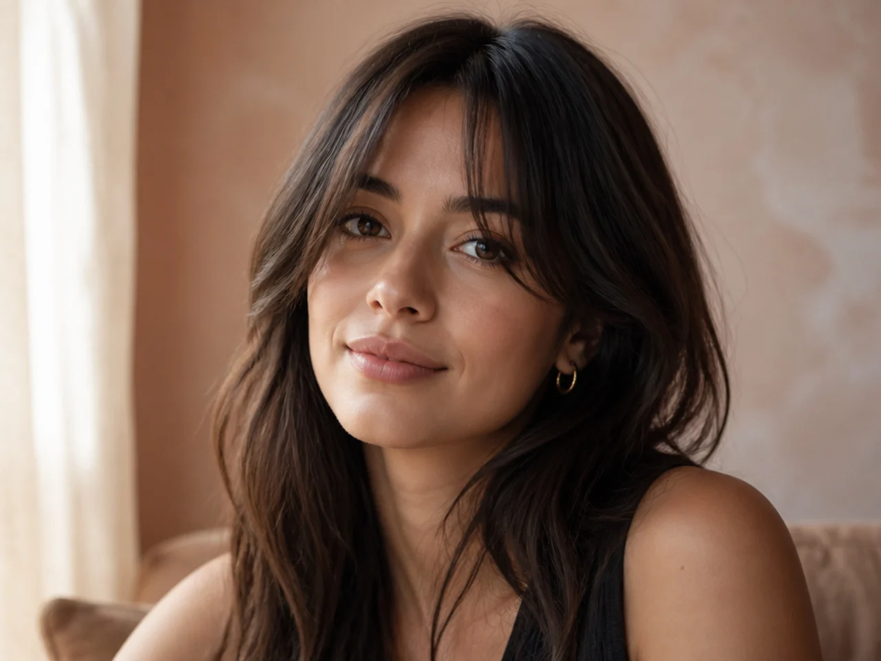 A soft curtain fringe parted over fine hair