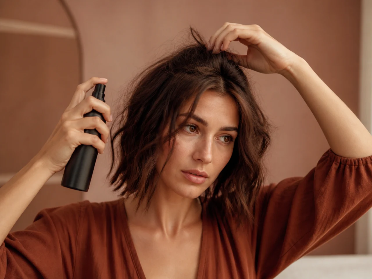 Texture spray being worked into dry fine hair at the roots