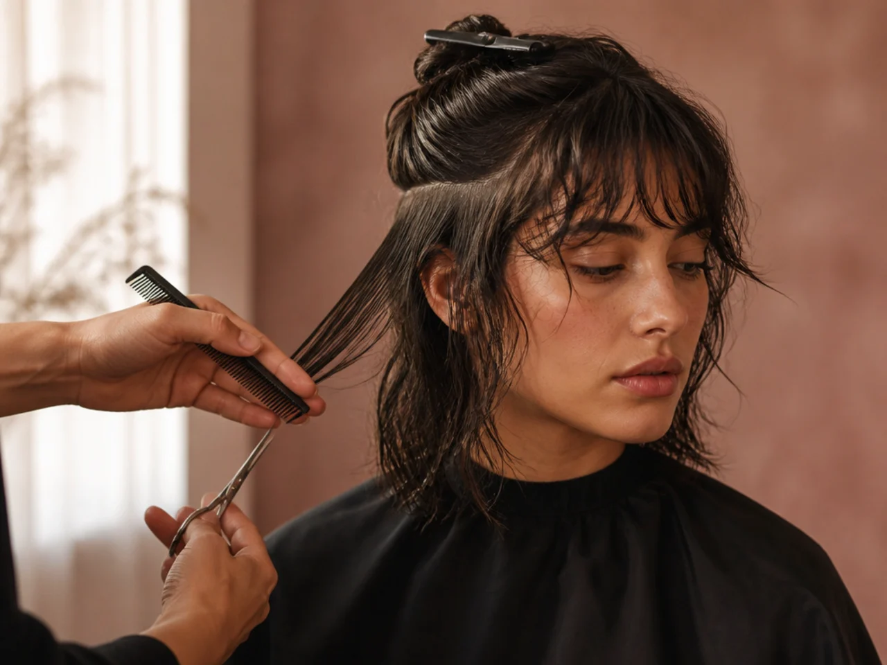 A collarbone length shag being sectioned before cutting