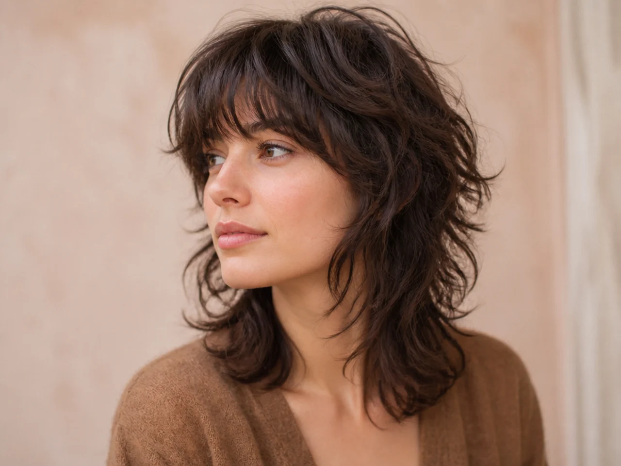 Three quarter view of a finished shag on fine hair