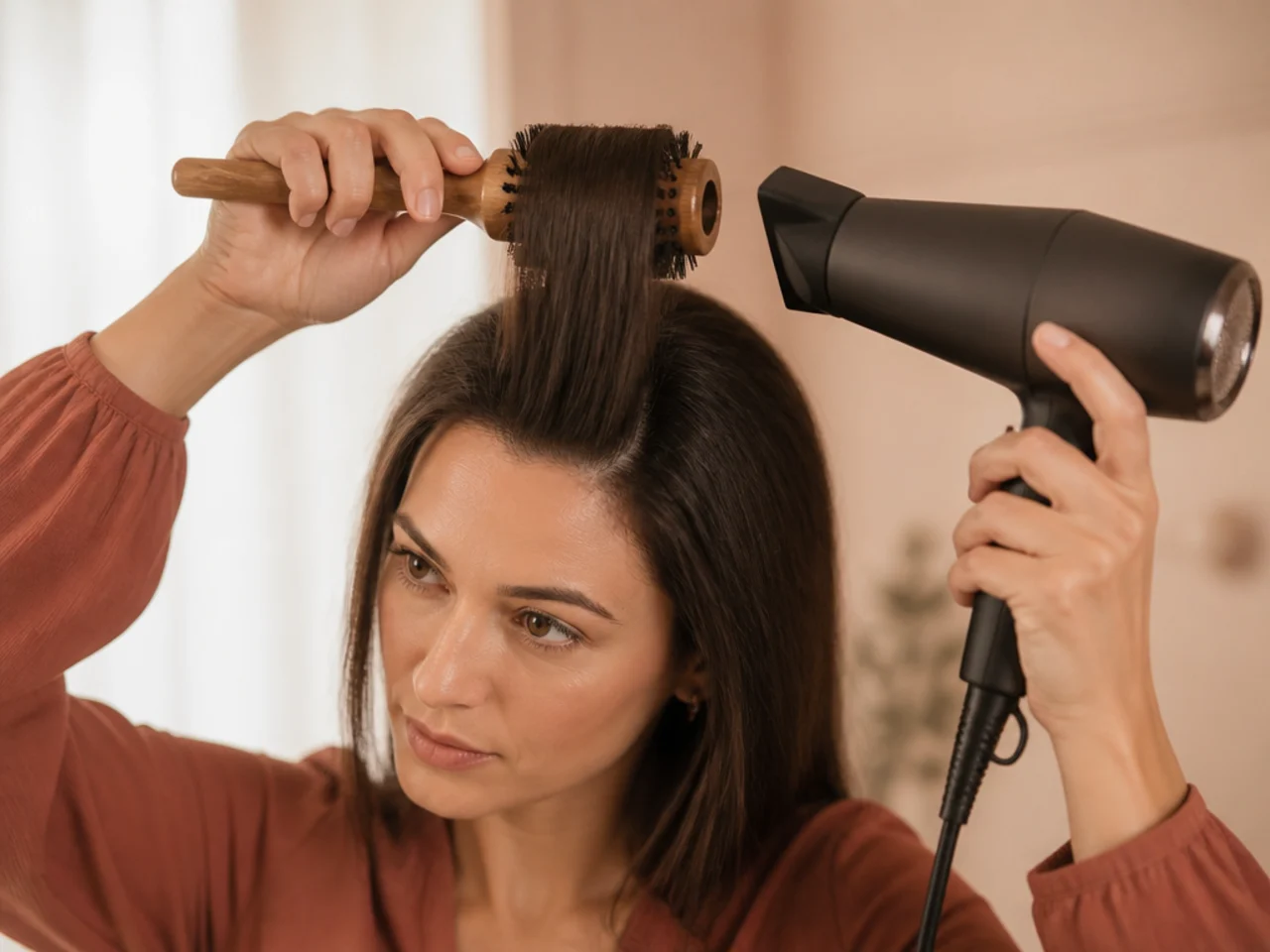 Root lift being dried into the crown of fine hair