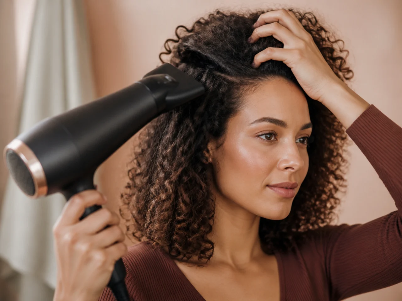 Fingers lifting roots at the scalp under a hairdryer