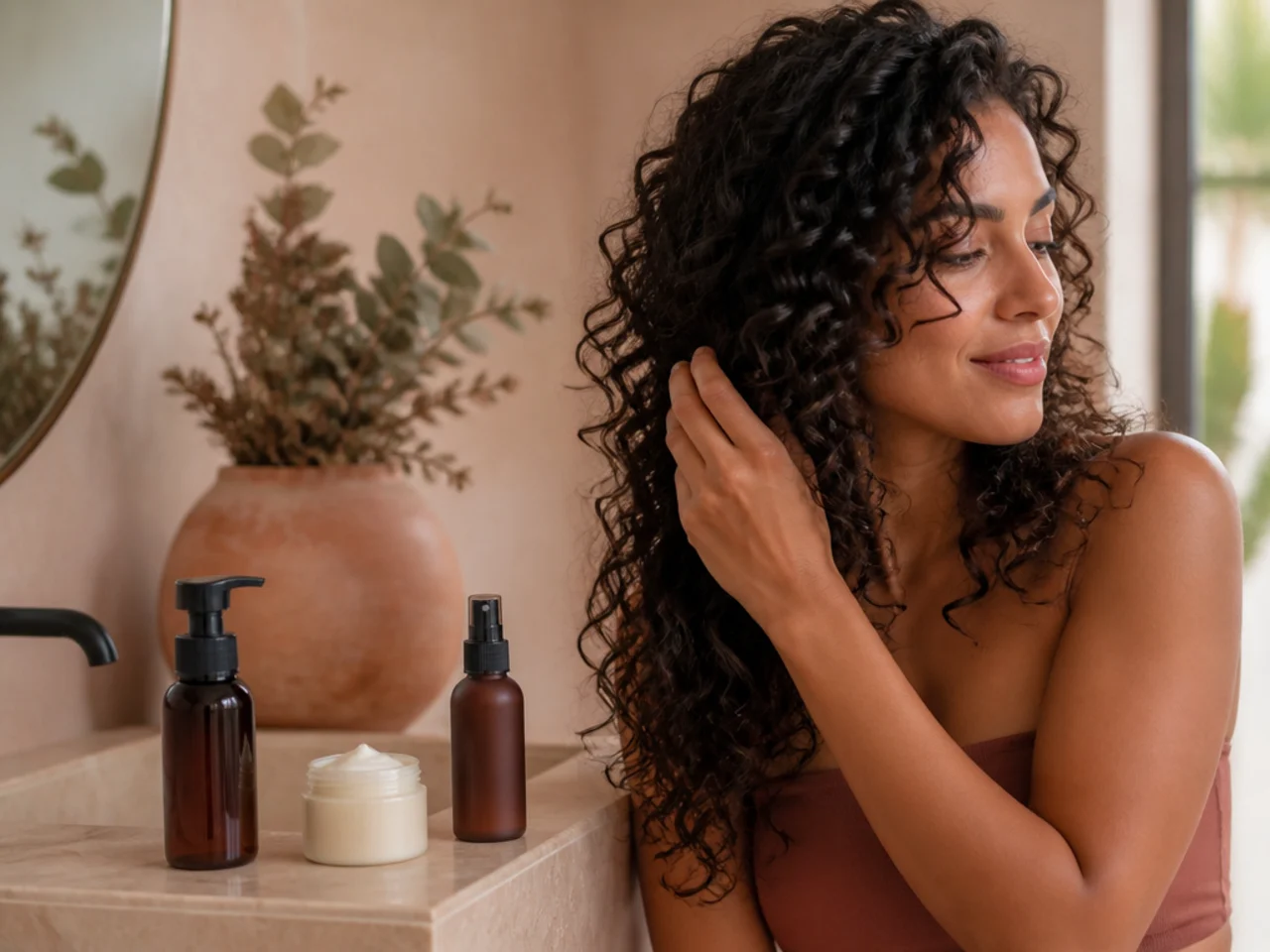 Mousse, cream and texture spray laid out on a bathroom shelf