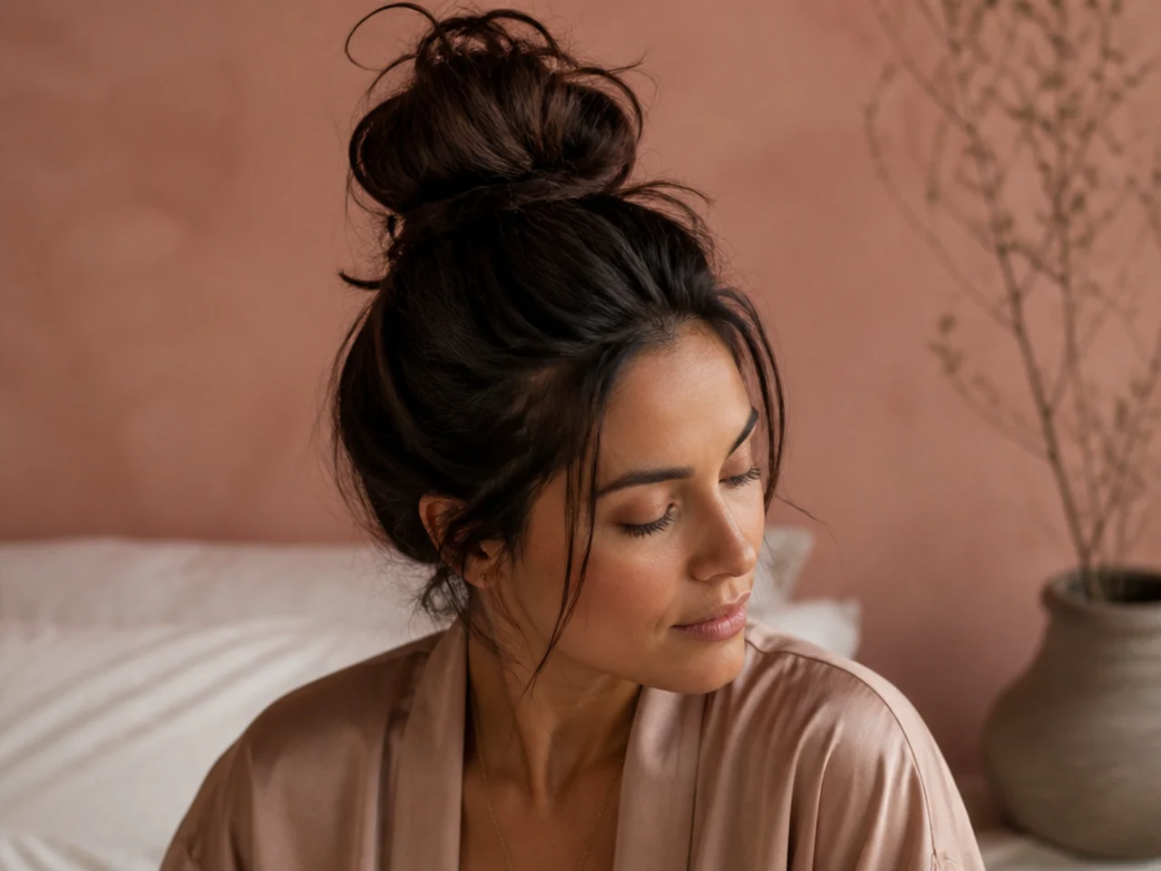 Long hair gathered loosely on top of the head for sleeping