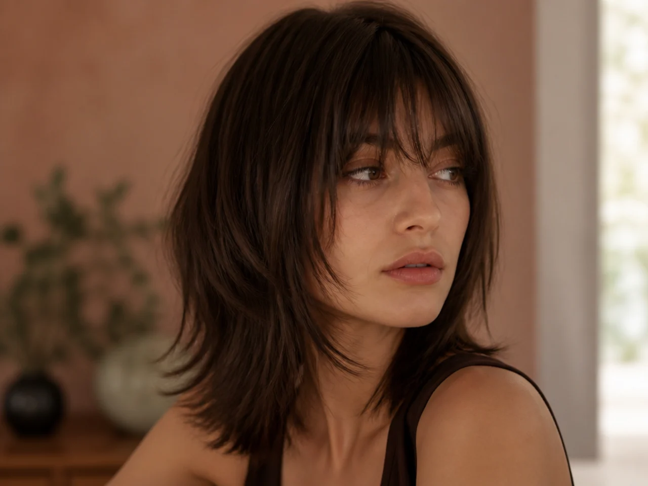 A fine haired medium shag with low set layers and a blunt perimeter