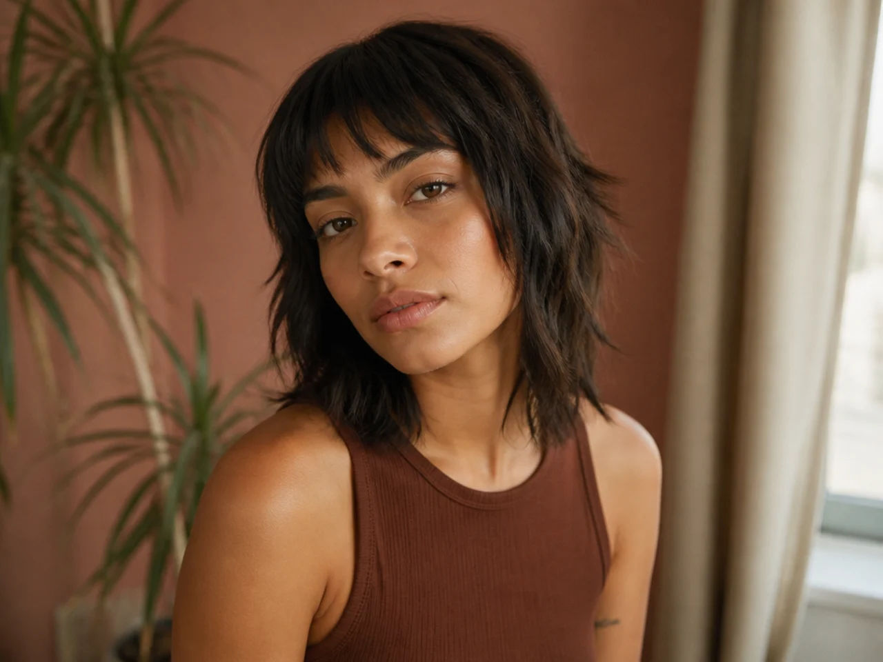 A medium shag with a blunt straight cut perimeter and layered interior
