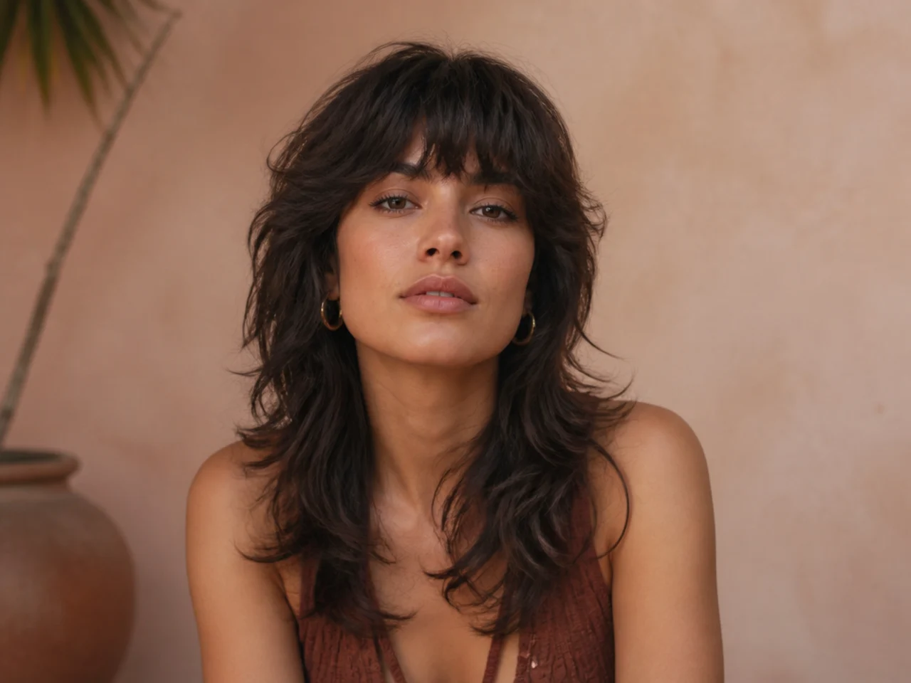 A wolf cut shag with a heavy fringe and a short layered crown