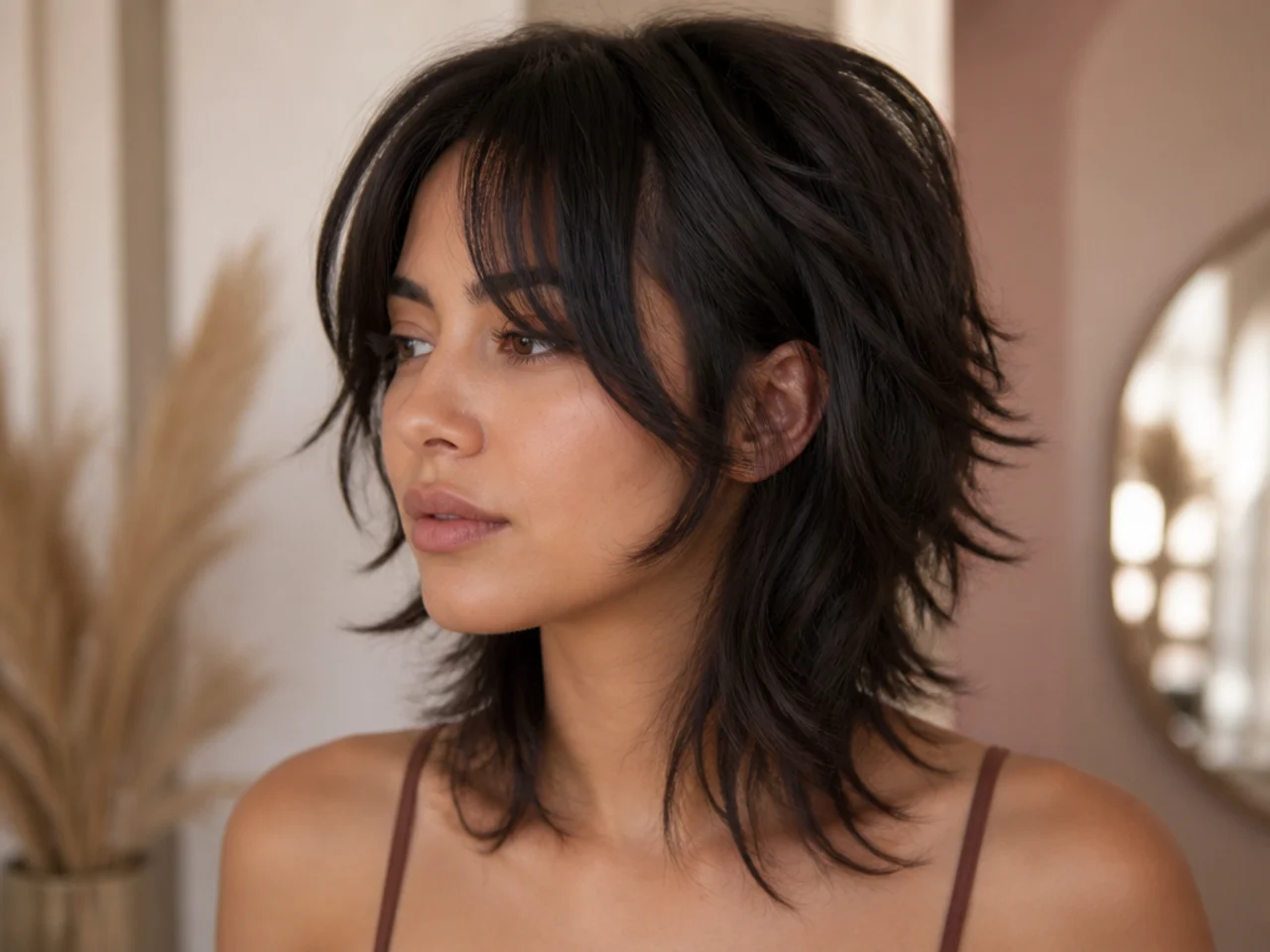 A medium shag with the shortest face framing piece at the jawline
