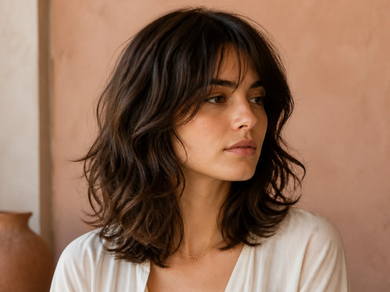 A medium shag with long soft framing that ends near the collarbone