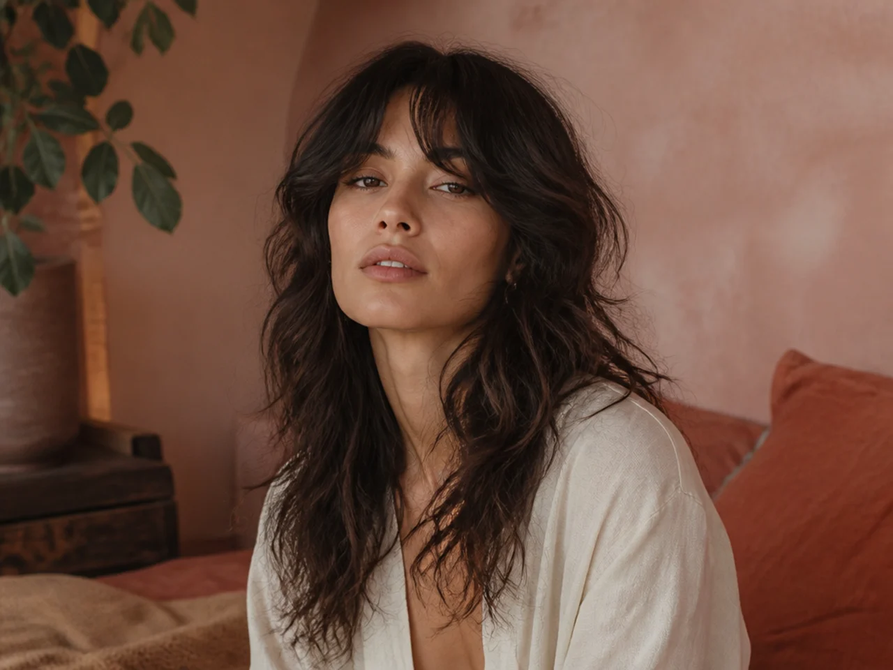 A medium shag with grown out bangs blended into the face framing