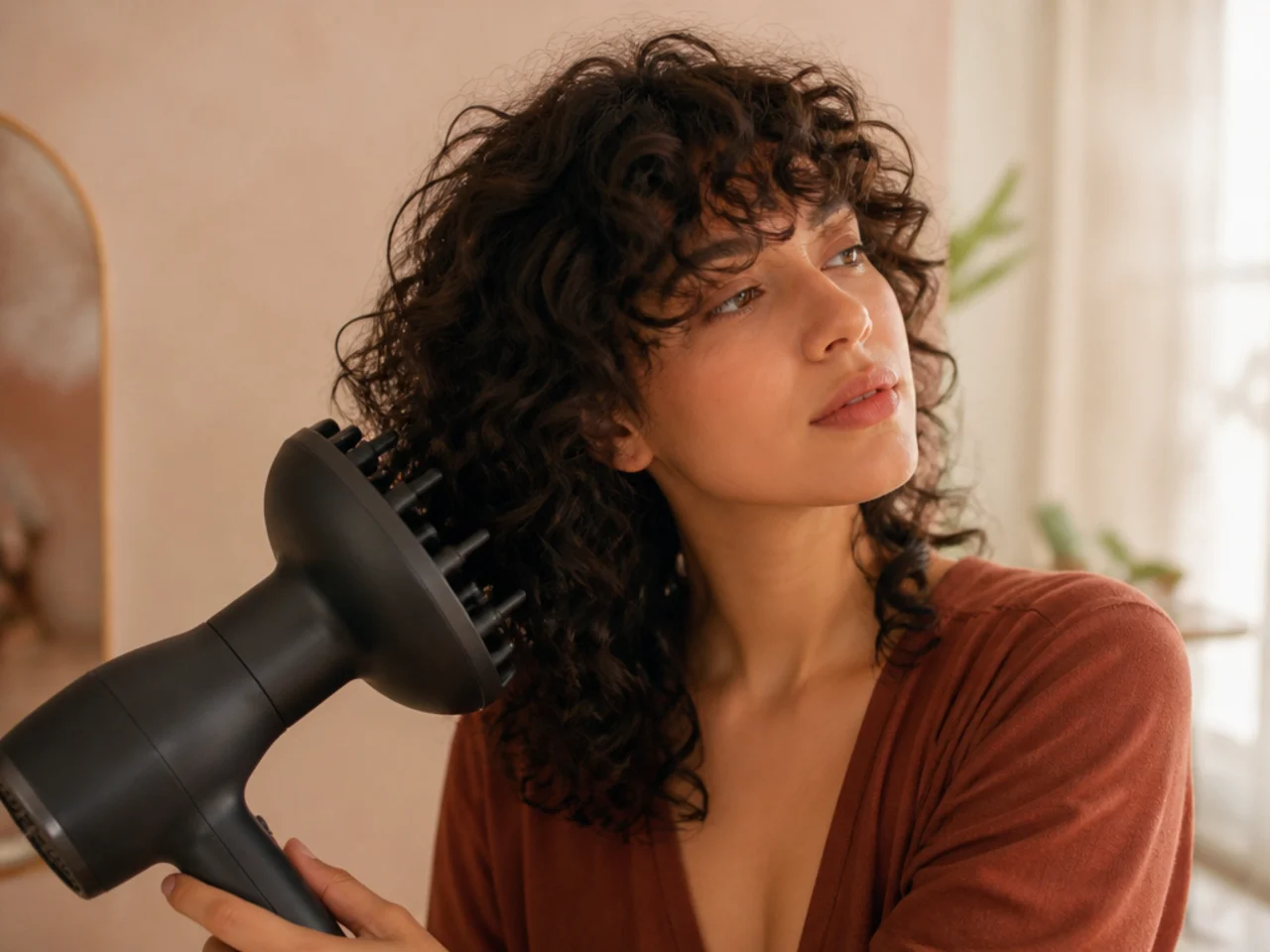A curly medium shag being dried with a diffuser attachment