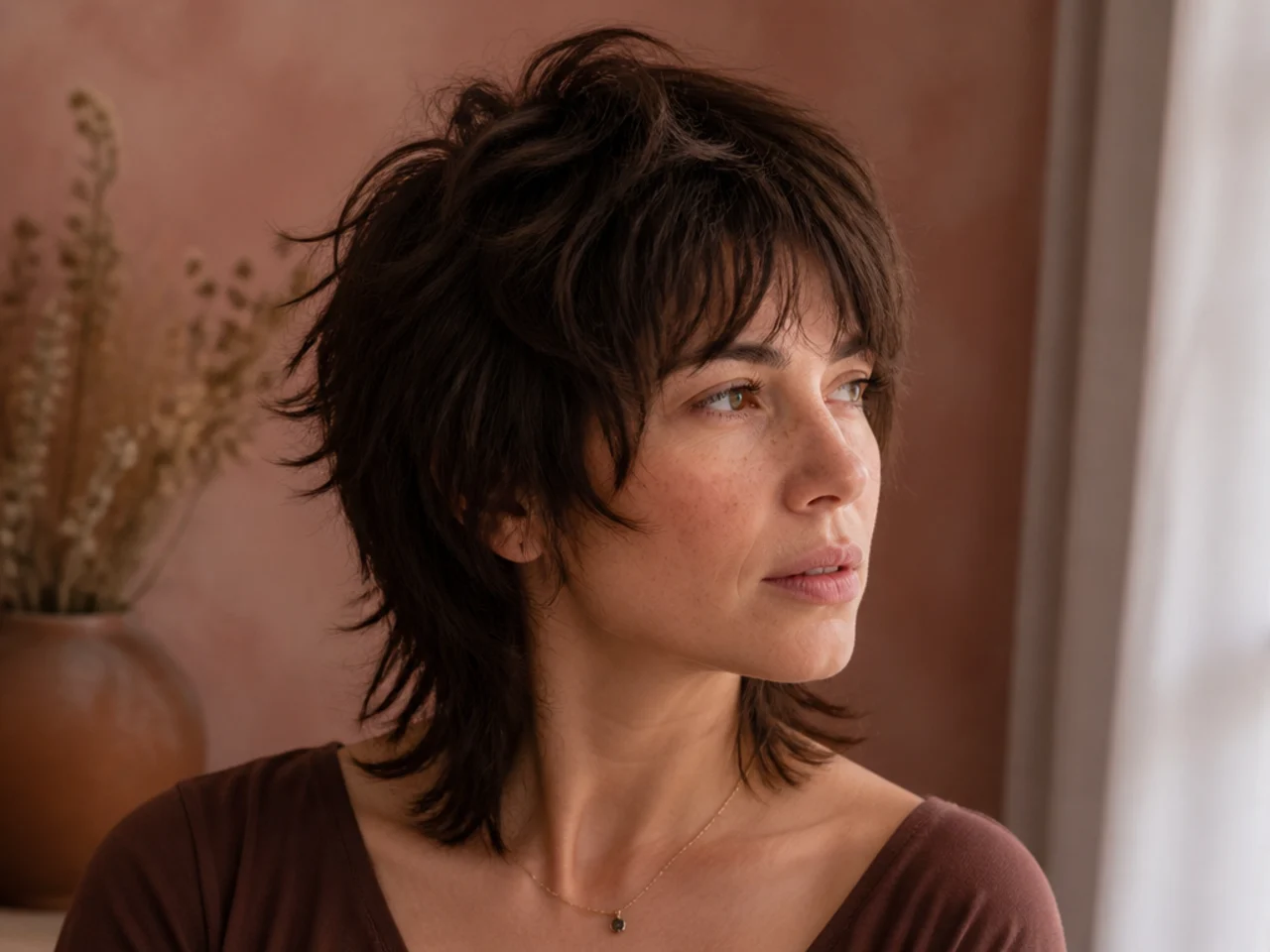 A medium shag with extra short crown layers adding lift on flat hair