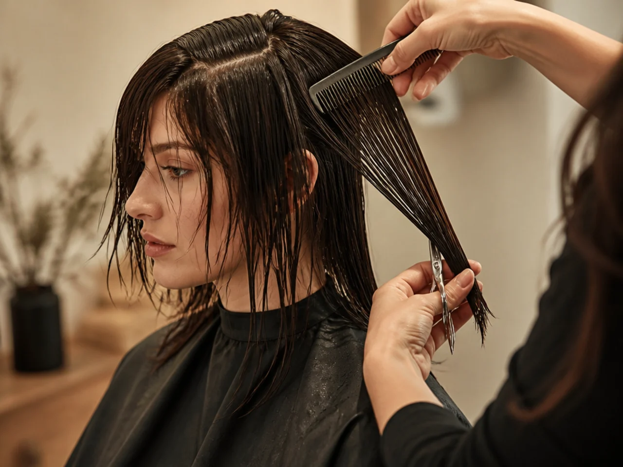 A straight medium shag being sectioned and cut wet