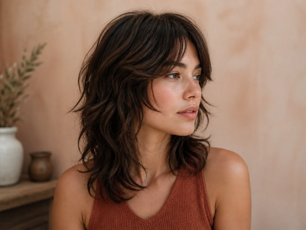 A wavy medium shag with the shortest face framing piece at the cheekbone