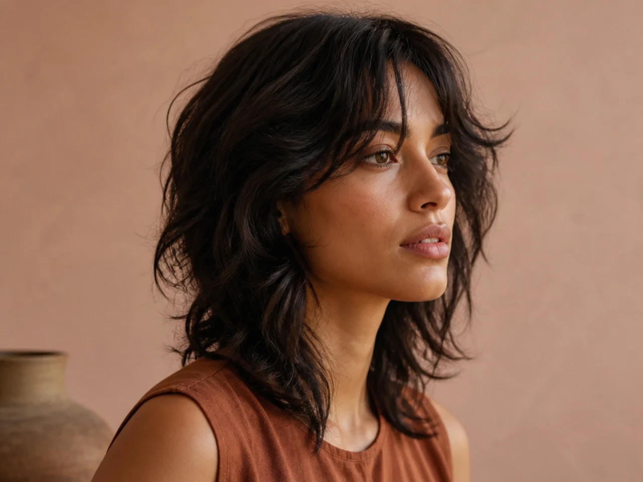 Three quarter view of a medium shag haircut with face framing pieces