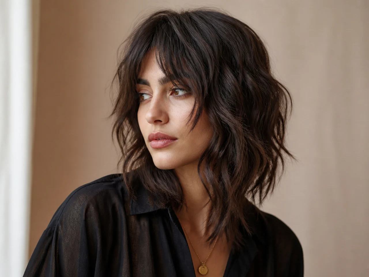 A wavy shag with long front sections bending below the jaw