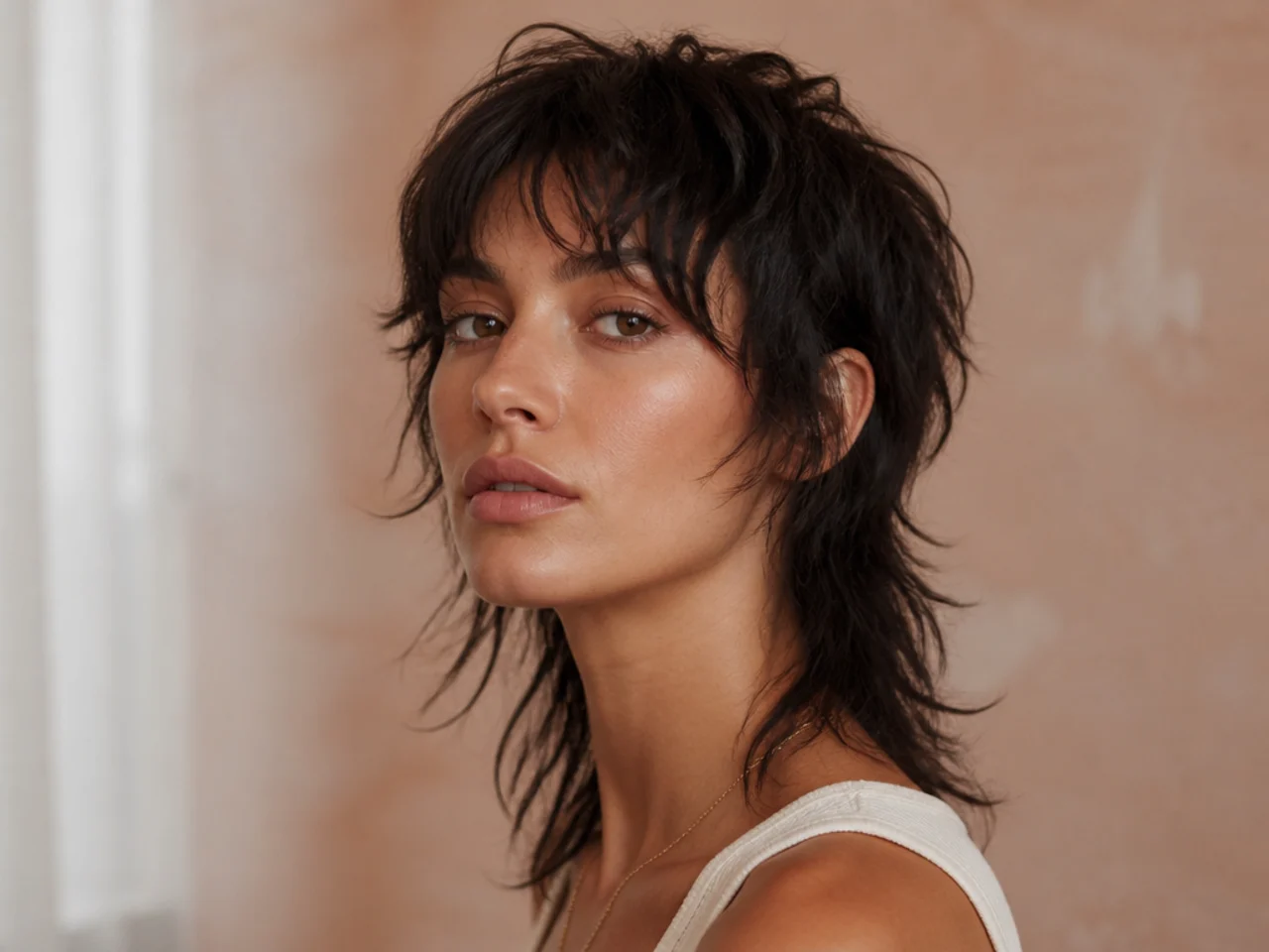 A shag mullet with a layered crown and longer nape length