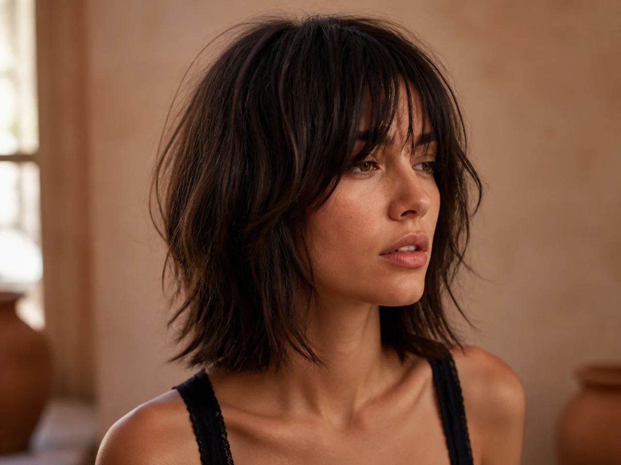 A fine haired shag with low layers and a blunt perimeter
