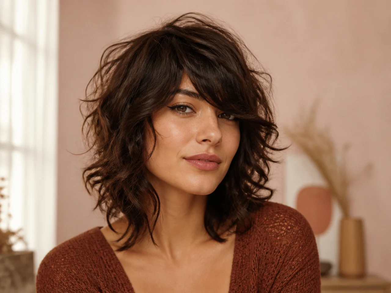 A shag with a side swept fringe crossing the forehead diagonally