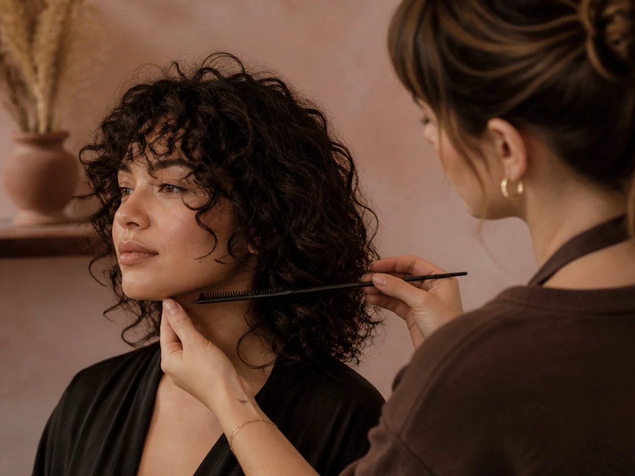 A stylist marking layer height against a round face at the jawline