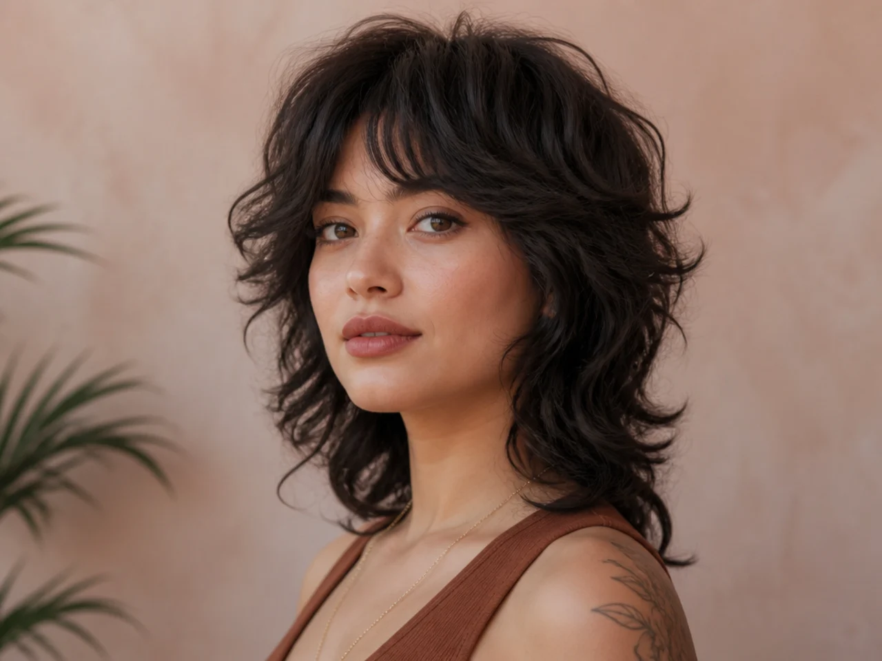 Three quarter view of a shag haircut flattering a round face shape