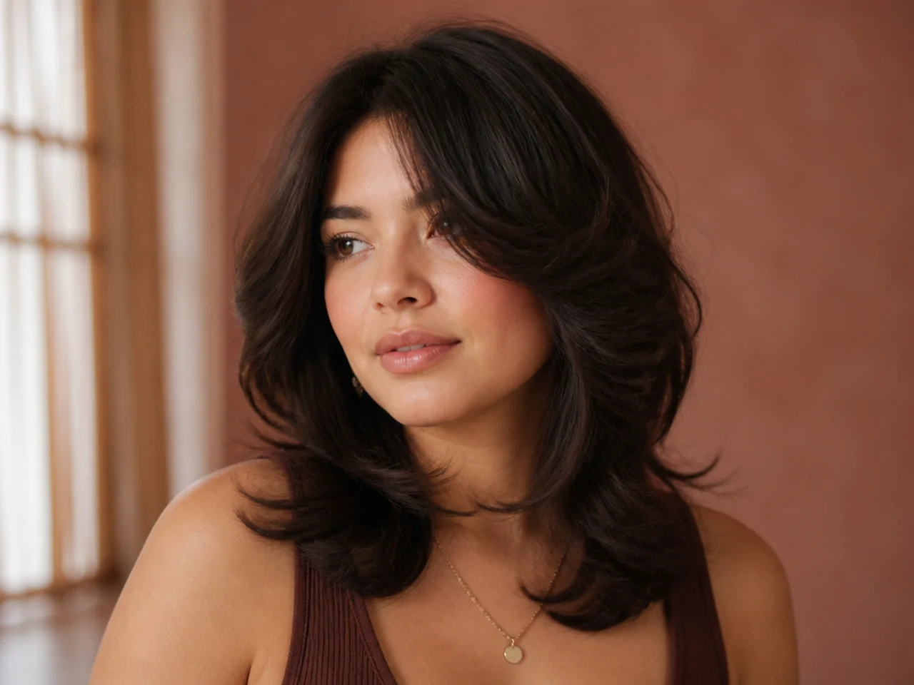 A layered cut with bulk sitting at cheek level widening a round face