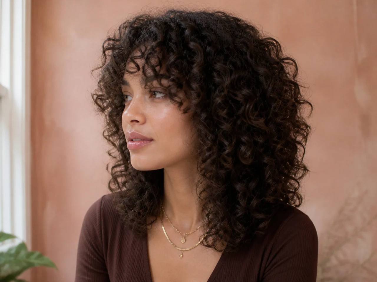Short crown layers on curly hair sitting above longer mid-length pieces, showing the graduation