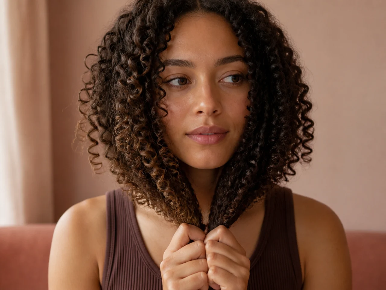 Two curl clumps pulled forward from each side and held together at the chin for comparison