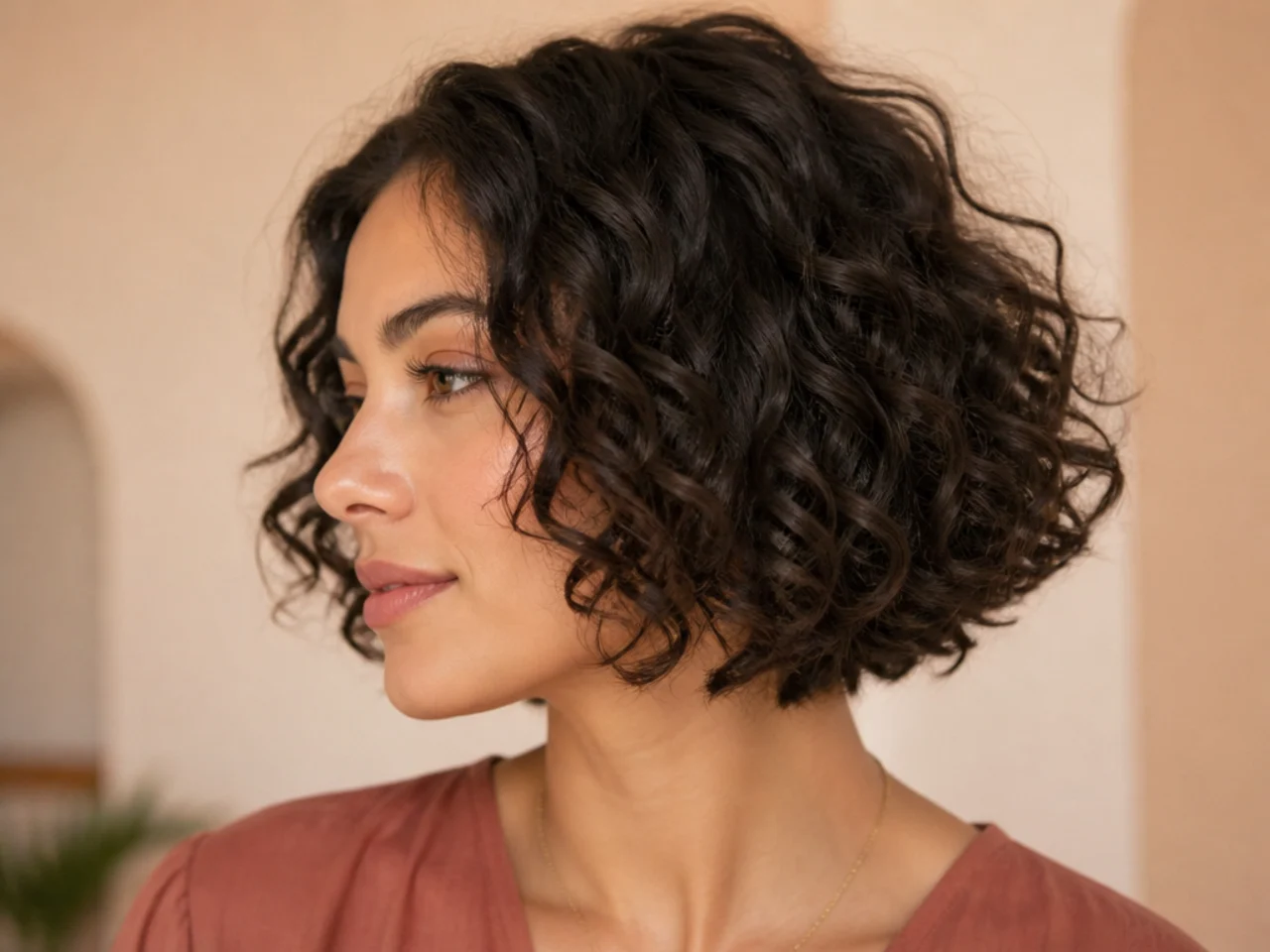 Face framing curls cut shortest at the cheekbone and lengthening towards the ear