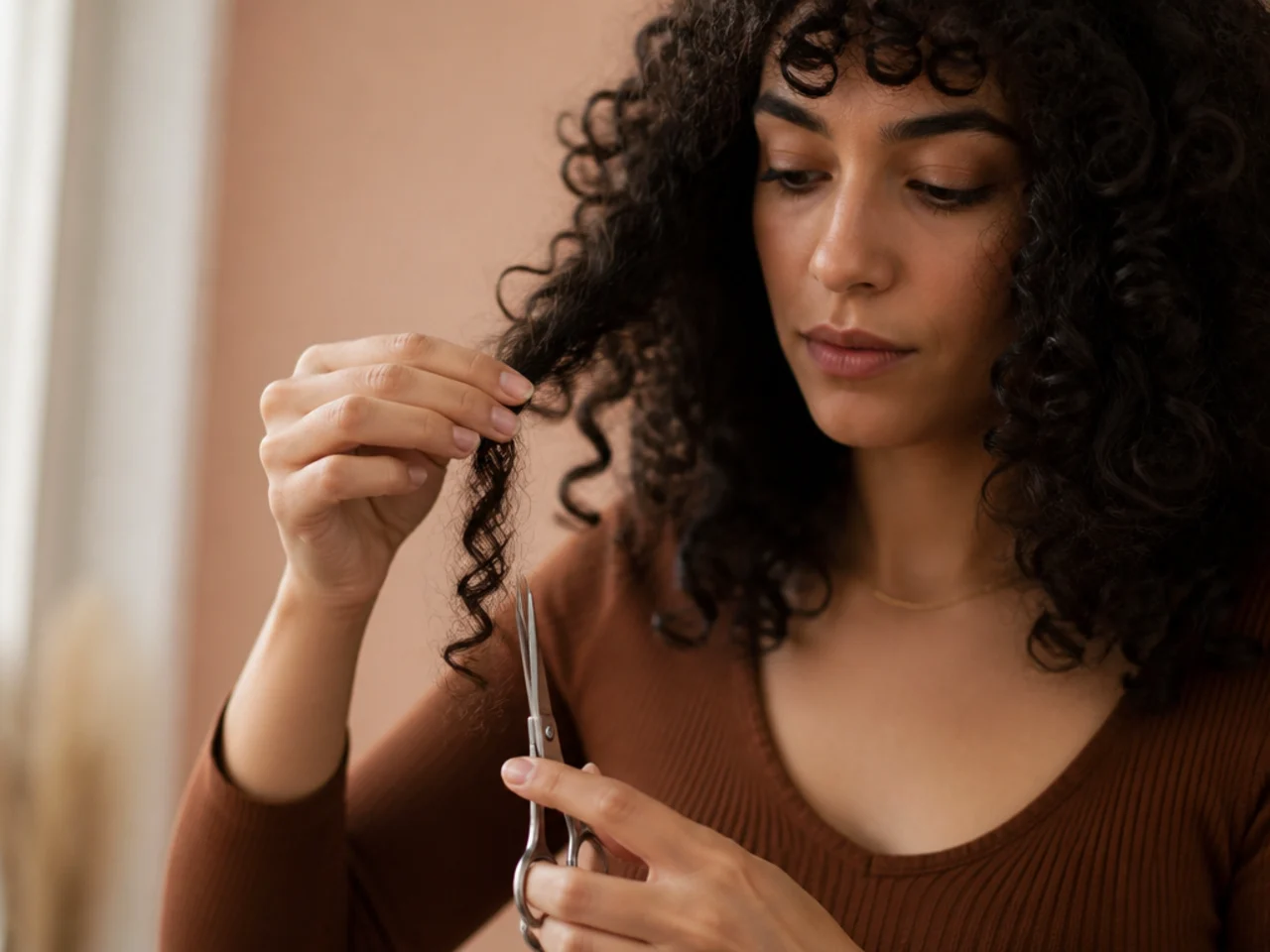 Shears held vertically point cutting into the ends of a dry curl clump