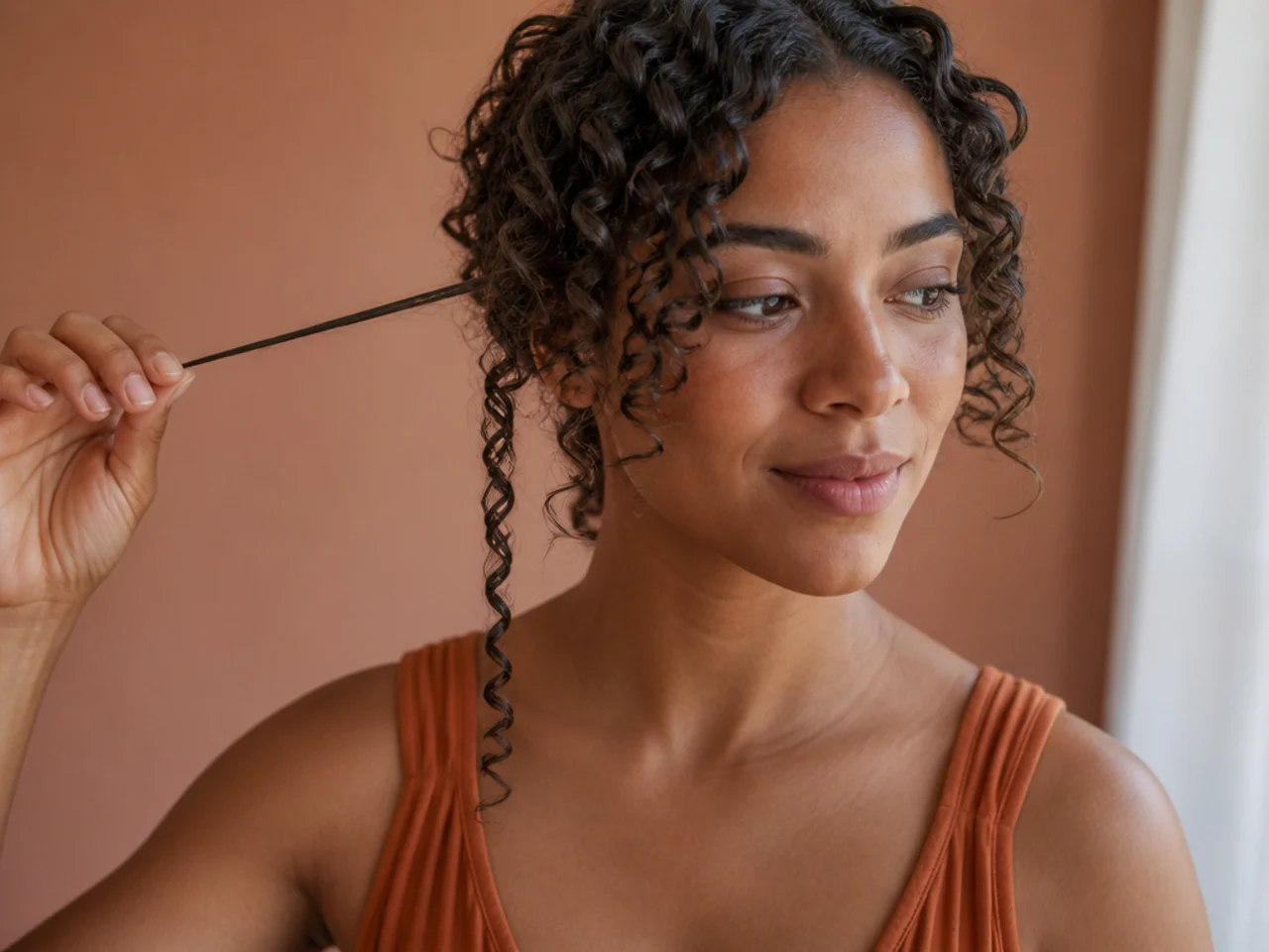 A curl held under tension next to the same curl at its relaxed resting length