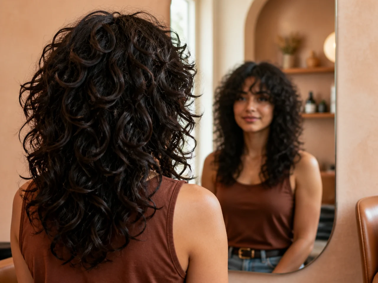 A full head view of a partly cut curly shag seen from a few steps back in a mirror