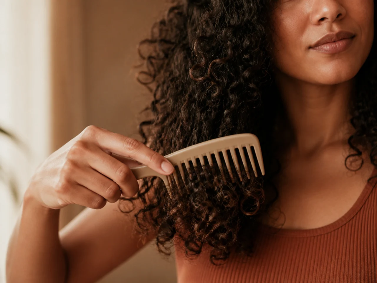 A wide-tooth comb working through the ends of dry curly hair