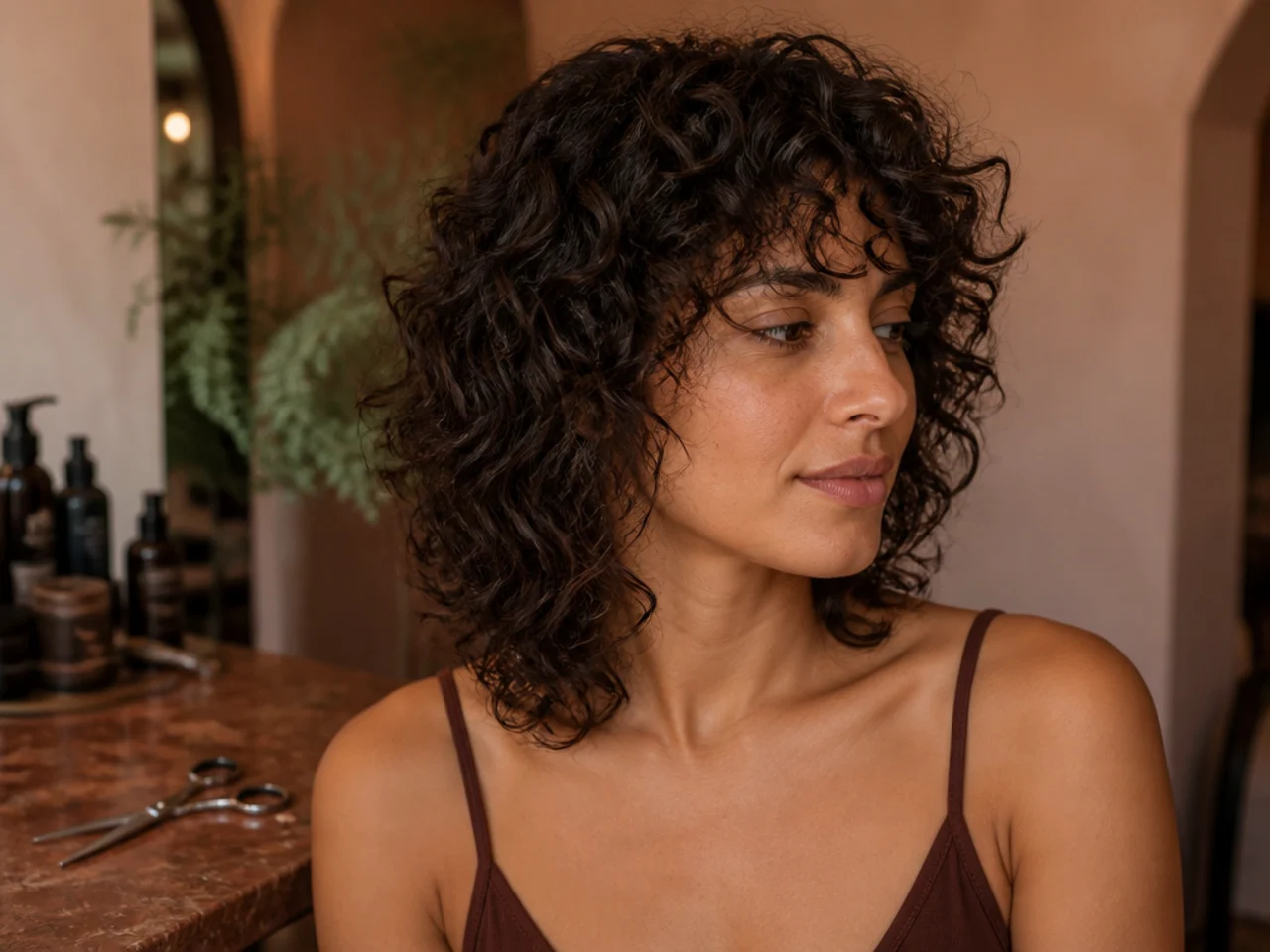 Shears set down on a counter beside a finished curly shag haircut