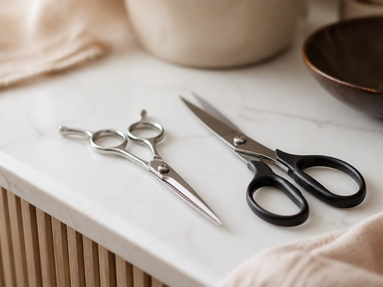 A pair of hairdressing shears beside a pair of kitchen scissors on a white counter