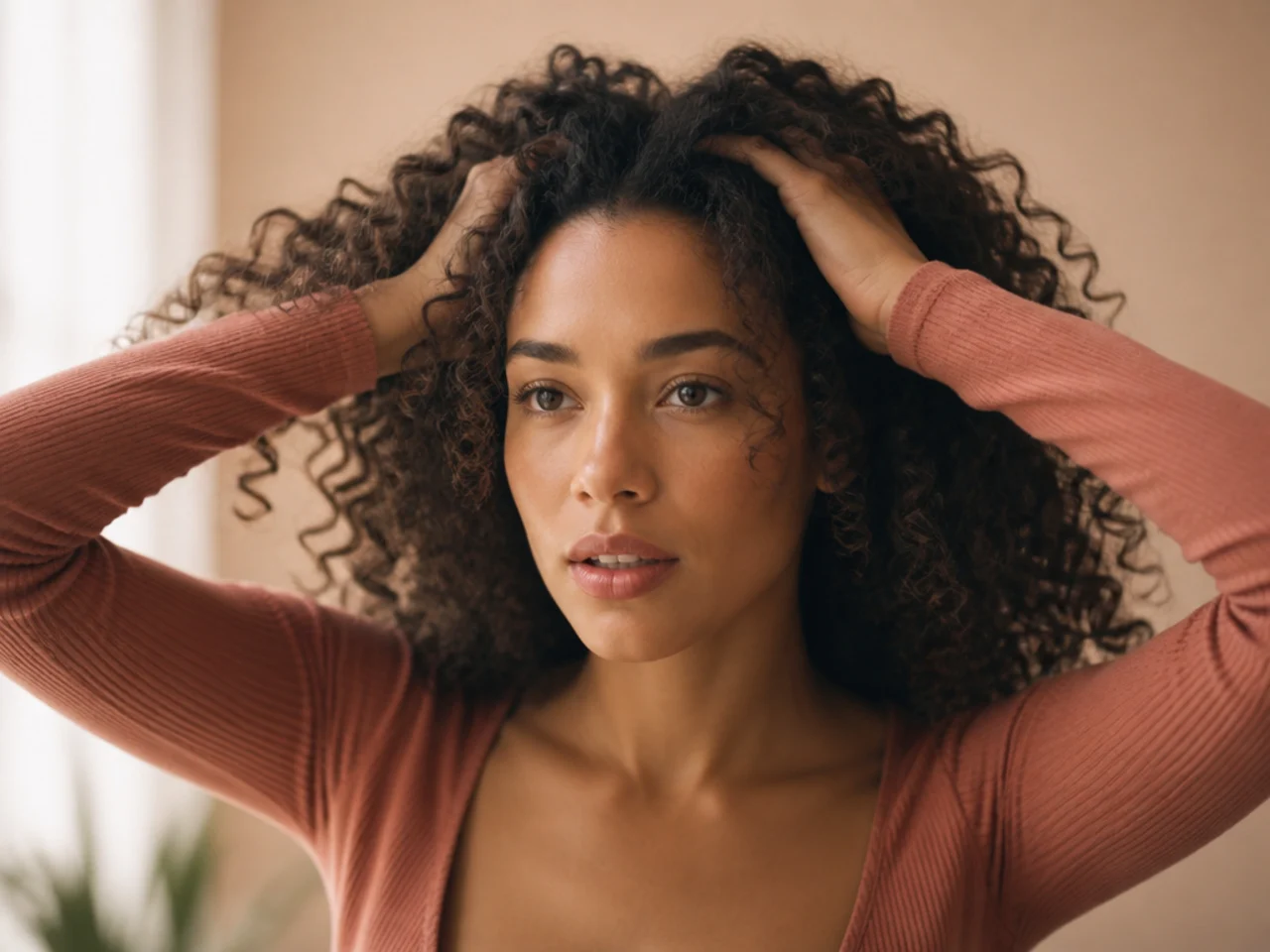 Curly hair pushed back with the palms and allowed to fall into its natural parting