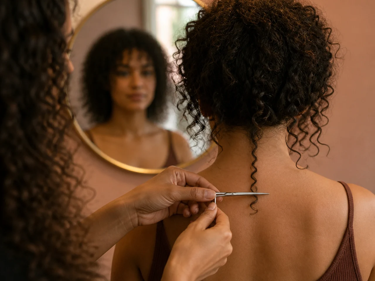 A single guide curl at the centre back being cut to length against a mirror