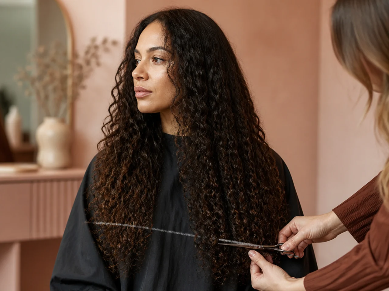 A layer of curly hair cut deliberately long with the intended shorter line marked in chalk