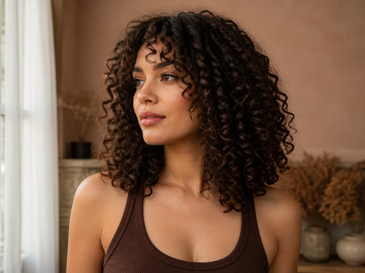 Curly hair with the perimeter length marked at the collarbone and the crown layer marked at the chin