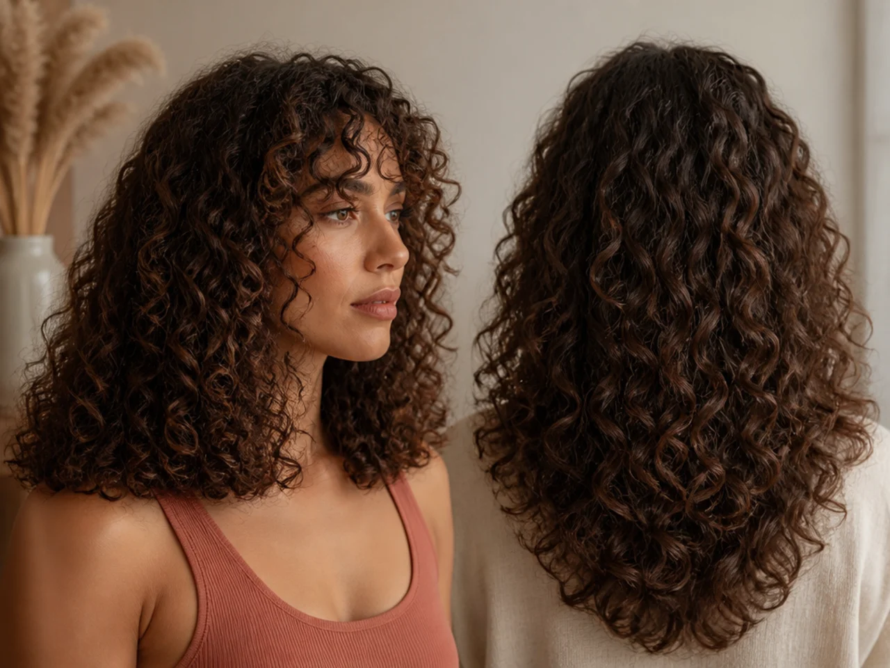 A blunt shelf cut across curly hair next to a correctly graduated layered section
