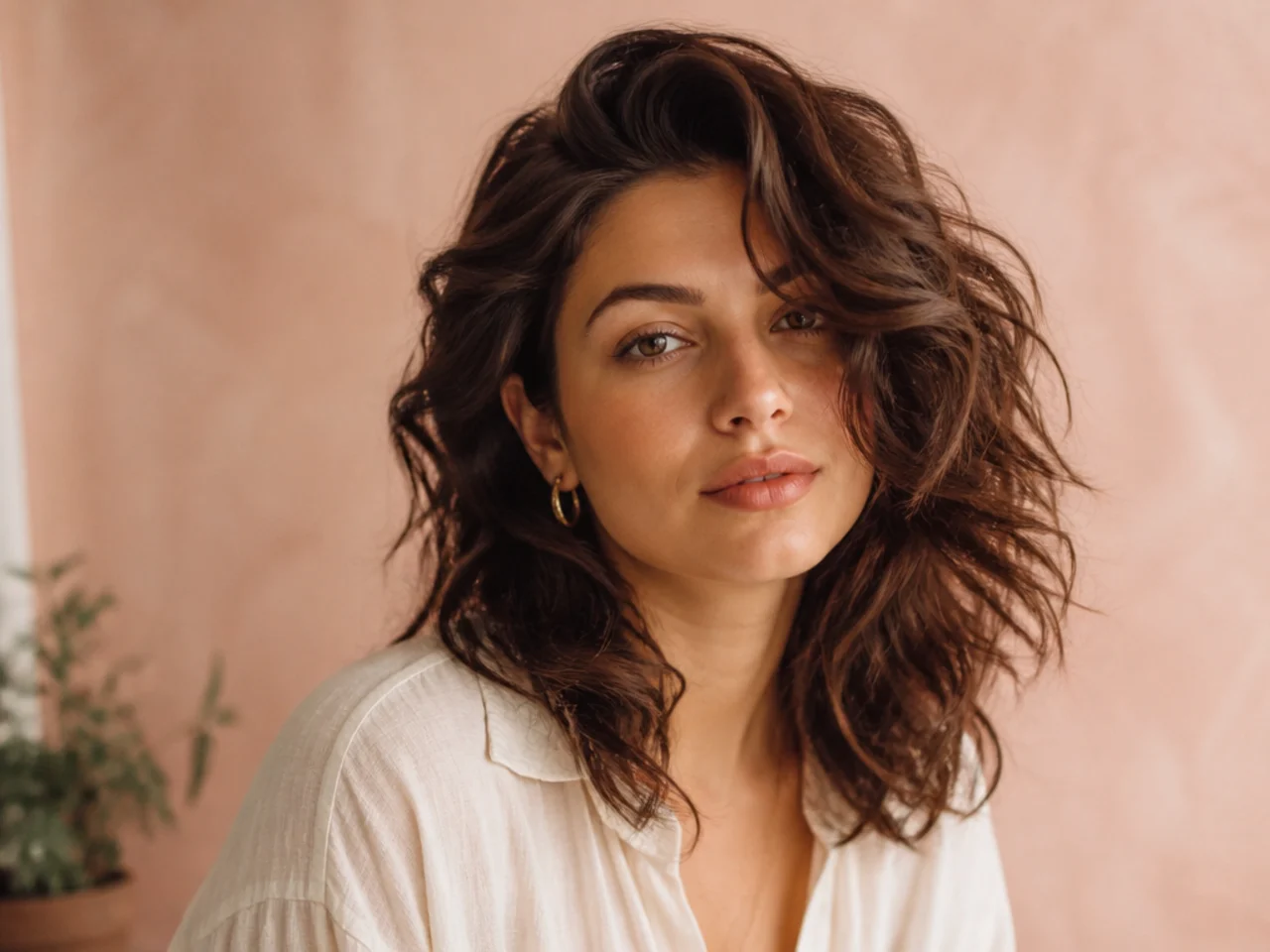 A wavy shag with a deep side parting and extra volume stacked on the heavier side