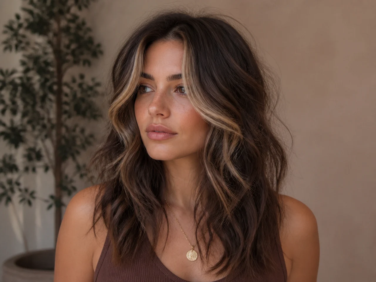A wavy shag with two lightened money piece panels framing the face