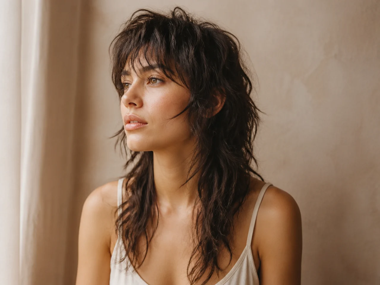 A wolf cut on wavy hair with a very short crown disconnected from long ends