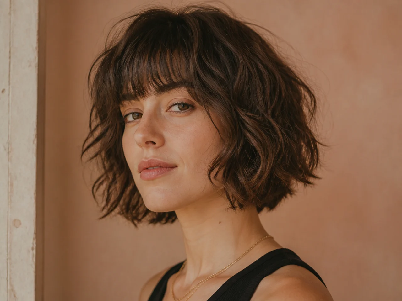 A jaw length wavy shag bob with a heavy perimeter and layers at the cheekbone