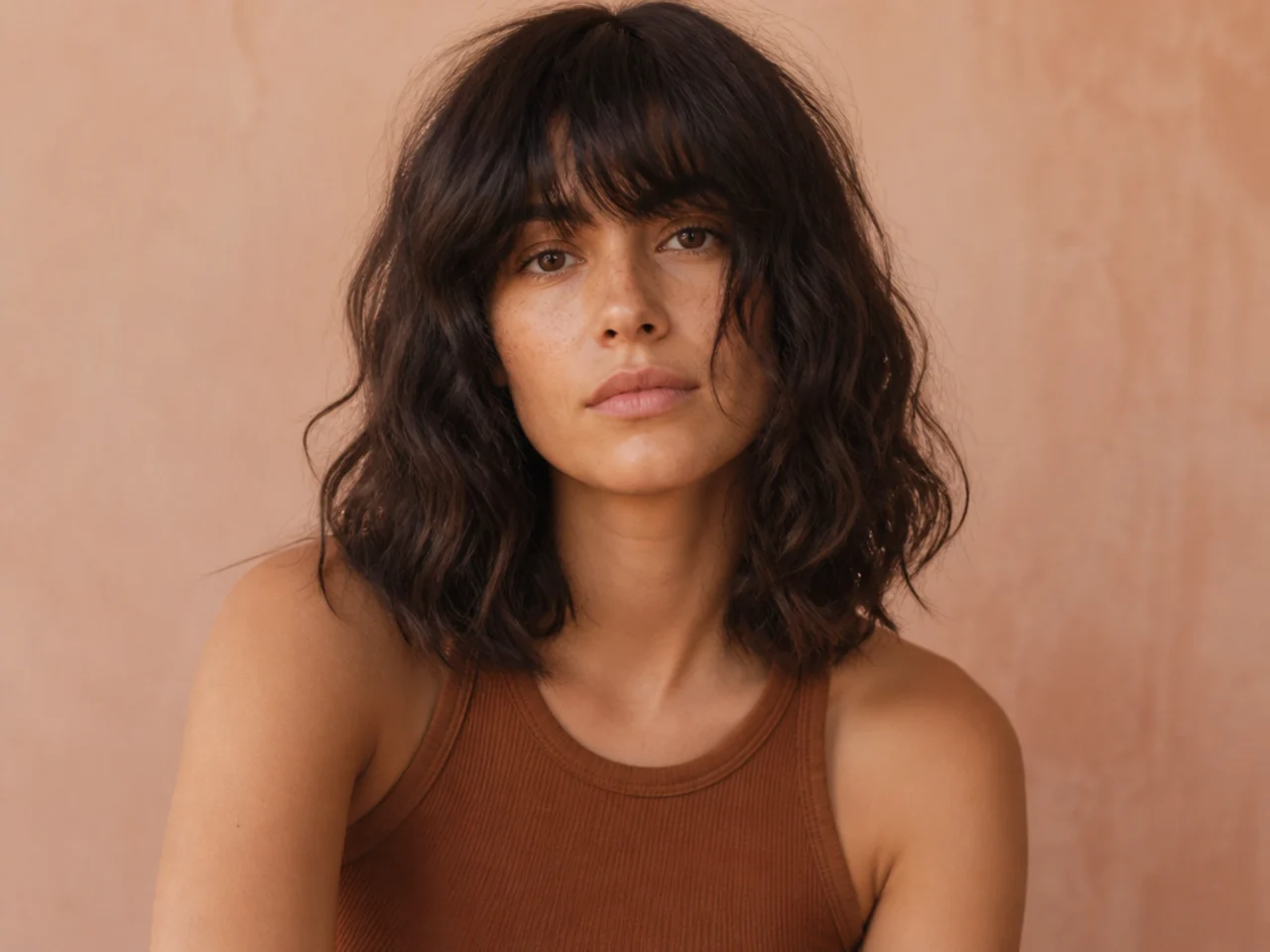 A wavy shag with a blunt cut perimeter and heavy ends