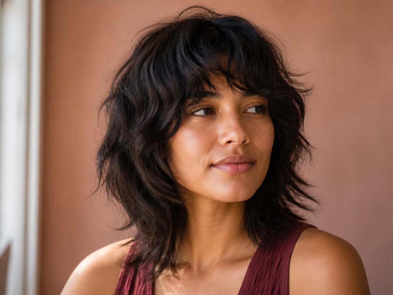 A wavy shag with crown height and layers starting below the chin on a round face