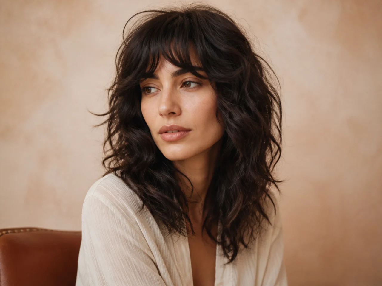 A wavy shag with a fringe and side volume at the cheekbones on a long face